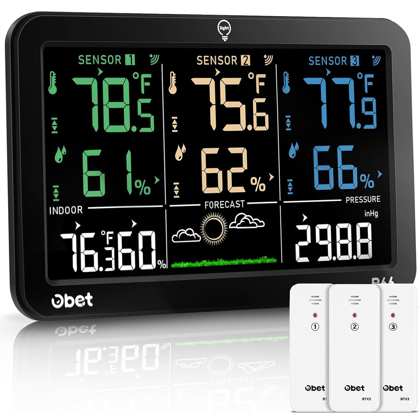 OBET Weather Station Wireless Indoor Outdoor Thermometer with 3 Sensors, Temperature Humidity Monitor with Alerts 500ft Range and 3 Adjustable Brightness