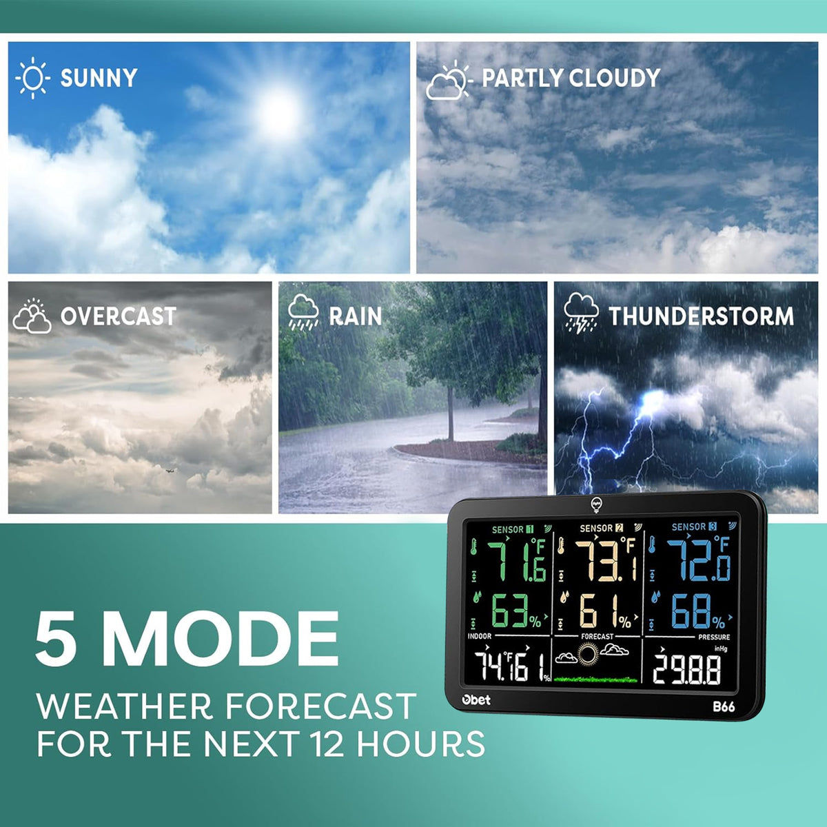 Machine Obet OBET Weather Station Wireless Indoor Outdoor Thermometer with 3 Sensor